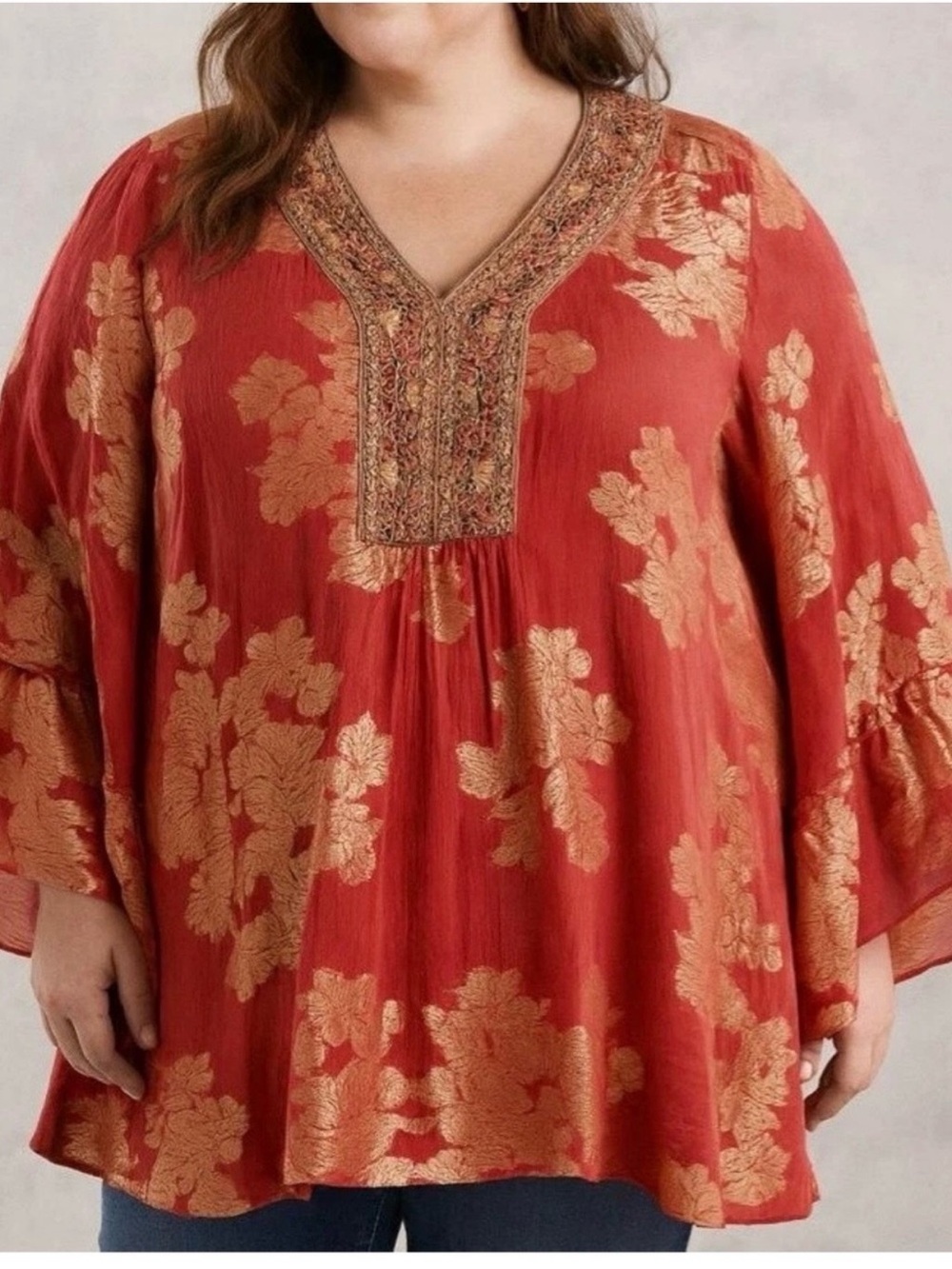 Soft Surroundings Bellflower Bell Sleeve Metallic Beaded Blouse Top Shirt 3X new